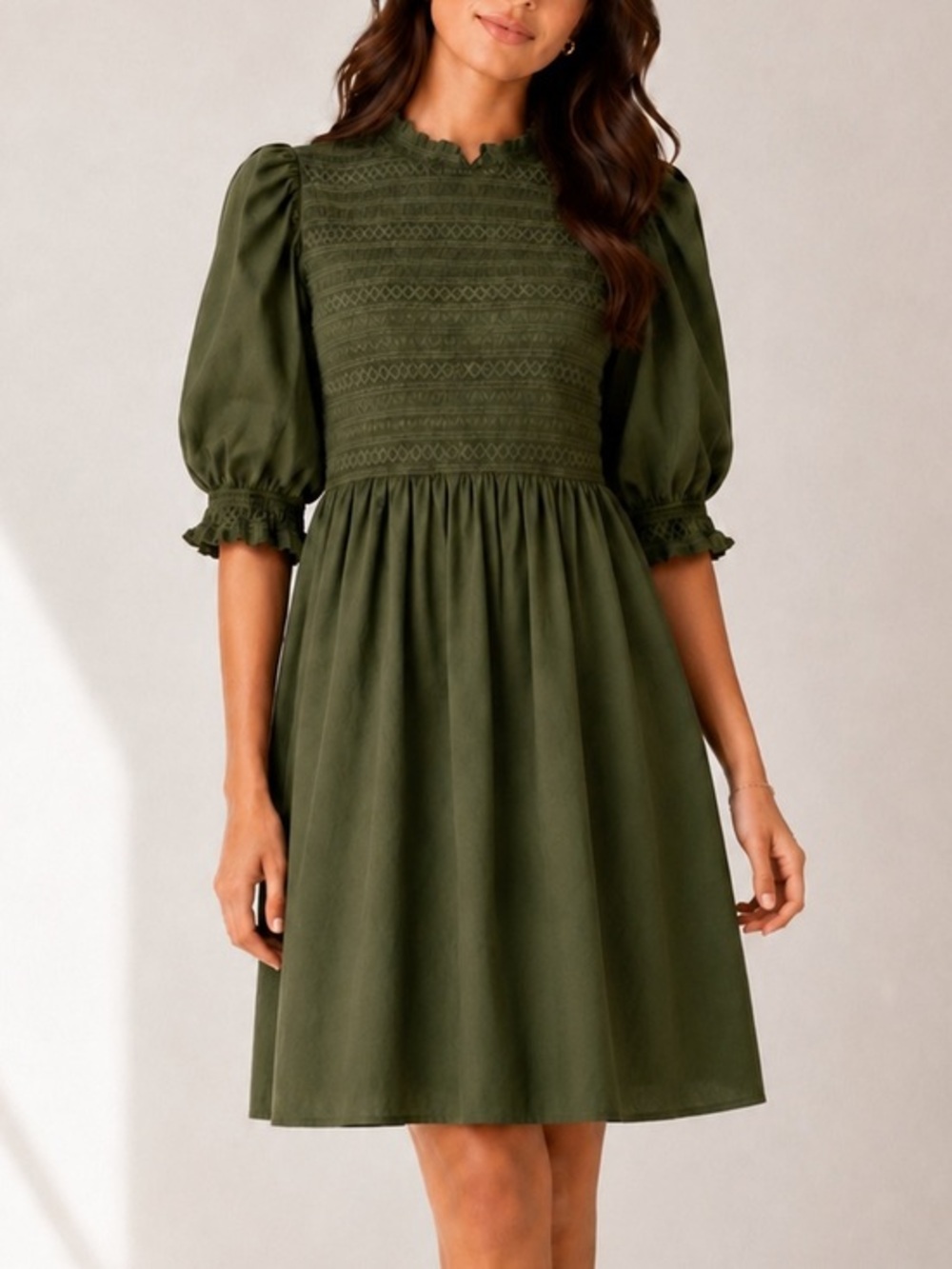 Hill House Home Ellie Nap Olive Green Smocked Puff Sleeve Mini Dress
